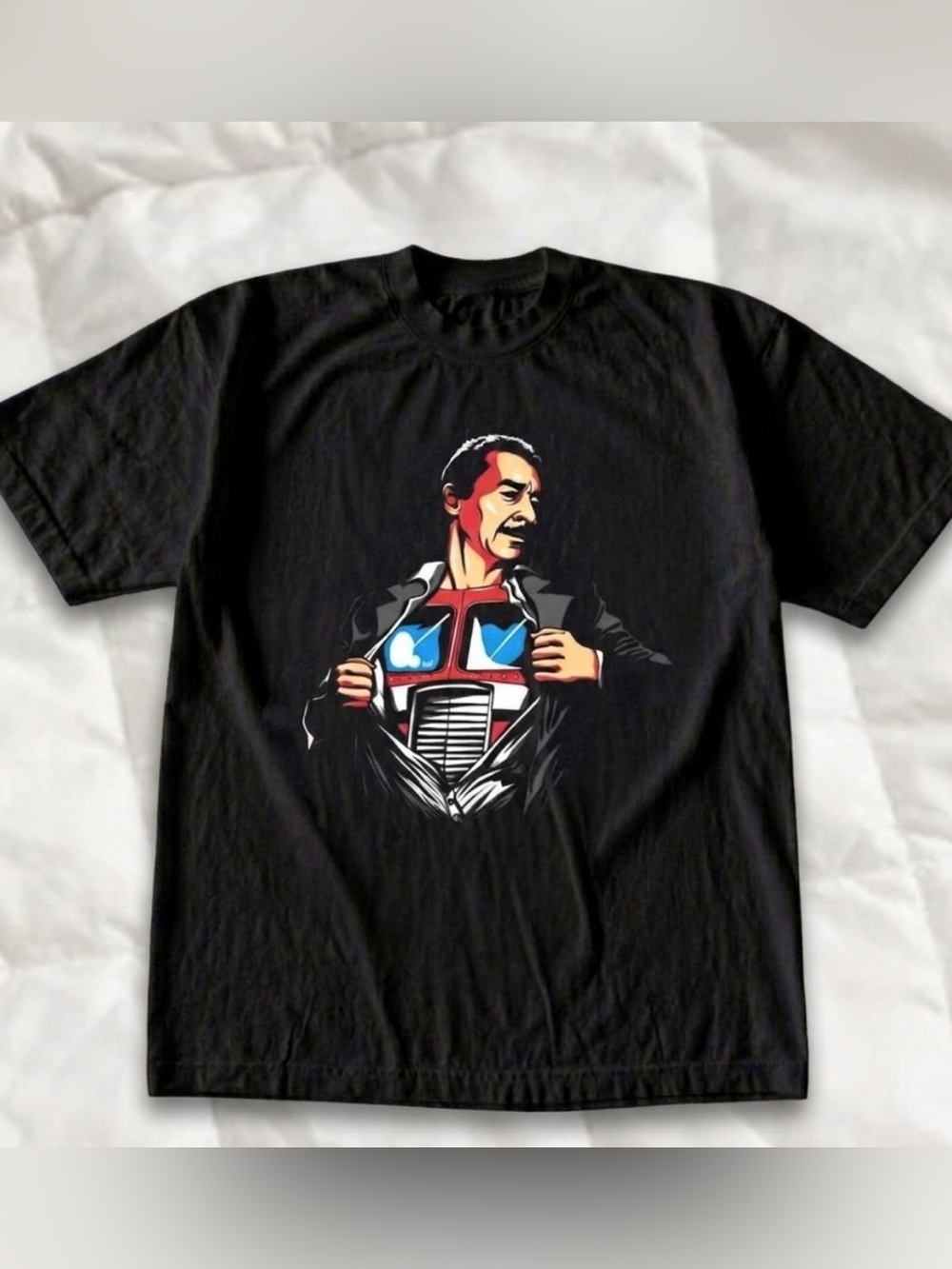 Black Peter Cullen Graphic Crewneck T-Shirt with Red & Blue Illustration